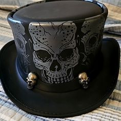 Leather Hat With Skulls. Made In Usa Size Large. Skull Headband Is Removable, And Hat Has A Lifetime Warranty With The Maker. Only Worn A Few Times, Like Brand New. Got In Sturgis Sd Gothic Hats, American Hat Makers, American Hat, Leather Hat, Large Hats, Leather Hats, The Maker, Black Silver, Accessories Hats