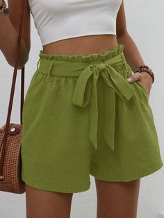 Green Casual Collar  Woven Fabric Plain Wide Leg Embellished Slight Stretch  Women Clothing Women Shorts, Trim Detail, Kids Beachwear, Shorts With Pockets, Ruffle Trim, Women Clothing, Women Clothes Sale, Woven Fabric, Clothing And Shoes