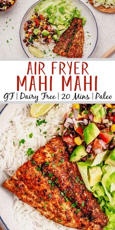 air fryer mahi mahi with white rice and salad on the side is shown