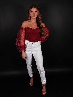 Put the best version of your fashion foot forward in our adorable Sweet Side Off Shoulder Bodysuit. Featuring a flirty elasticized off the shoulder neckline and long mesh sleeves with a flattering figure hugging silhouette that ends in cheeky fit bottoms with a snap button closure! THIS ITEM IS FINAL SALE Color: Red Fitted Made in USA Stretchy Sweetheart Neckline Elasticized Off Shoulder Long Mesh Sleeves Back Zipper + Hook Closure Elasticized Ruffle Sleeves Fit True to Size 95% Polyester, 5% Sp Spring Date Night High-waist Bodysuit, Off-shoulder Fitted Bodysuit For Night Out, Spring Long Sleeve Nylon Bodysuit, Spring Fitted Bodysuit With Mesh Sleeves, Fitted Bodysuit With Mesh Sleeves For Spring, Trendy Off-shoulder Bodysuit For Night Out, Trendy Nylon Bodysuit For Spring, Fitted Flirty Bottoms For Fall, Spring Bodysuit With Mesh Sleeves