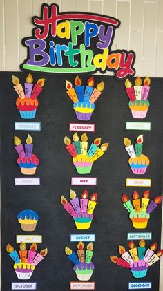 a birthday bulletin board with cupcakes and happy birthday words on it's side