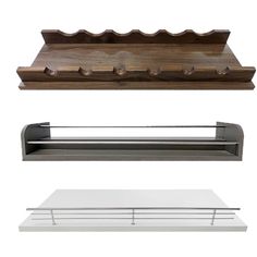 three different types of shelfs with metal and wood accents on them, one in the shape of a wave