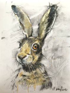 a drawing of a brown rabbit with orange eyes