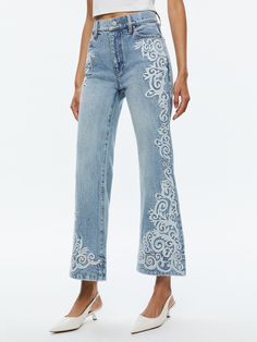 Beautiful Embroidered Cropped Bell Jean In Rockstar Blue Bell Jeans, Animal Print Jeans, Flare Denim Jeans, Street Style Outfits Men, Embellished Jeans, Cut Off Jeans, Faded Denim, Outfits Men, Denim Flares