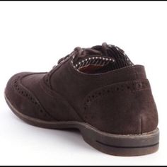 Suede Upper With All Over Tooling Rounded Wingtip Lace Up Vamp Striped Canvas Lining Rubber Sole Style 323517201 Brown Low-top Lace-up Shoes For Business Casual, Brown Oxford Style Lace-up Shoes, Brown Brogue Lace-up Dress Shoes, Brown Lace-up Shoes For Business Casual, Brown Suede Lace-up Oxfords, Brown Lace-up Oxfords For Business Casual, Brown Cushioned Oxford Shoes, Brown Laced Oxfords For Derby, Brown Suede Low-top Dress Shoes