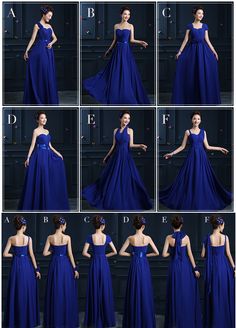 a collage of photos showing how to wear a long blue dress with an asymmetrical neckline