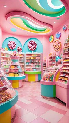 the candy shop is brightly colored and has lots of lollipops