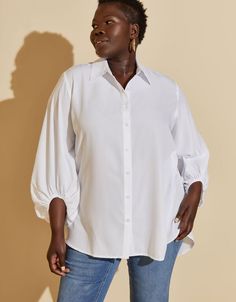 Balloon Sleeved Shirt, White Tops For Plus Size Women, Tops For Plus Size, Balloon Sleeve Shirt, Plus Size Shirt, Ashley Stewart, Line Store, Work Shirt, Work Tops, Collared Shirt