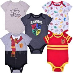 three bodysuits with harry potter designs on them