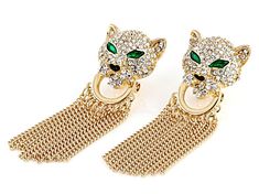 Off Park® Collection White & Green Crystal With Black Enamel, Gold Tone Jaguar Tassel Earrings. Measures approximately 2.65"L x 0.86"W. Omega backings. Forest Theme, Green Crystal, Green Crystals, Black Enamel, Tassel Earrings, White Green, Jaguar, Tassels, Gold Tones