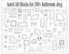 a black and white image of various bathroom items with the words autocad blocks for 2010 - bathroom dwg