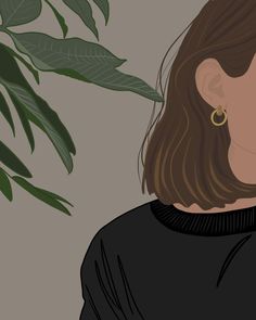 a drawing of a woman with long hair and large gold hoop earrings on her left ear