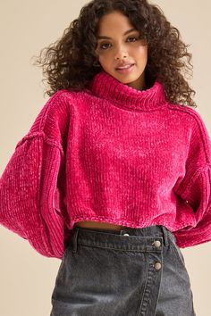 Dress yourself in ultimate comfort with this cloud-soft chenille turtleneck sweater. The plush fabric and classic turtleneck style create a cozy and stylish look, perfect for chilly days. Classic Turtleneck, Turtleneck Style, Shocking Pink, Turtleneck Pullover, Plush Fabric, Fuchsia Pink, Altar'd State, New Tops, Pink Sweater