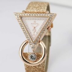 Daily Wear Watch For Women Beautiful Rhinestone Decor Triangle Dial Quartz Watch Leather Watch Party Watch With Rhinestones And Round Dial, Gold Crystal Diamond Watch For Party, Elegant Gold Diamond Watch With Rhinestones, Elegant Rose Gold Watches With Rhinestones, Elegant Metal Watches With Bling, Party Diamond Watch With Rhinestones, Elegant Diamond Watch With Crystal For Party, Elegant Embellished Metal Watches, Elegant Crystal Diamond Watch For Parties