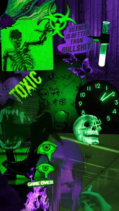 an assortment of neon green and purple wallpapers with skulls, faces, and clocks