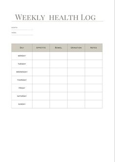 a printable weekly health log is shown in the middle of a white sheet with black writing