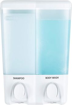 two soap dispensers are shown side by side, one is blue and the other is white