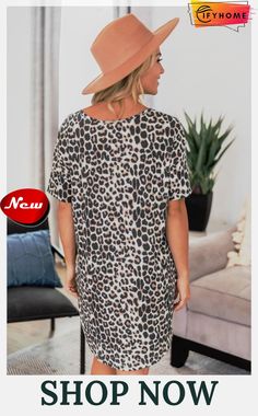 V Neck Animal Print T-shirt Mini Dress with Pockets Dress For Dancing, Cheetah Style, Animal Print T Shirts, Short Sleeve Pattern, Animal Print Dresses, Mini Shirt Dress, Dress Size Chart, Pocket Dress, Dress With Pockets