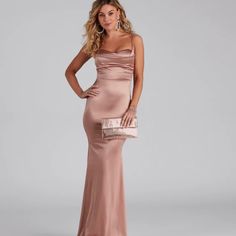 Beautiful Rose Gold Satin Formal Long Dress New With Tags *Runs A Little Small Fits Like Size Xs *Sweetheart Neckline, Cowl Neck Drape Design *Padded Cups *Floor Length *No Longer Available On Website Rose Gold Maid Of Honor Dress Satin, Rose Gold Long Dress Satin, Formal Pink Satin Finish Dress, Pink Satin Floor-length Dress For Formal Occasions, Rose Gold Formal Dress, Rose Gold Long Dress, Rose Gold Dresses, Champagne Pink Dress, Matric Ball Dresses