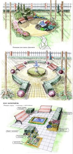 two different views of an outdoor garden with benches and flowers in the center, along with another drawing of a seating area