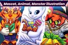 an image of some cartoon characters in different colors and sizes, with the caption mascot animal, monster illustration