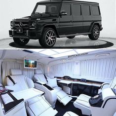 the interior and exterior of a black mercedes g class