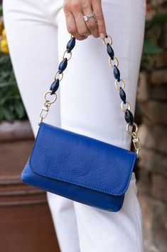 Customize your bag with a unique shoulder strap to reflect your personal style. Shoulder Strap length 17" Crossbody Strap length approx. 47" Gold finish mixed with resin links Elegant Blue Bag With Chain Detail, Trendy Blue Bag With Chain Detail, Chic Blue Bag With Chain Detail, Chic Blue Bag With Chain, Chic Blue Chain Bag, Blue Bags With Chain Strap For Everyday, Blue Bag With Chain Strap For Everyday Use, Blue Everyday Bag With Chain Strap, Everyday Blue Bags With Chain Strap