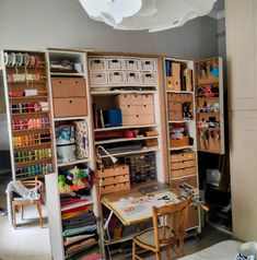 an organized craft room with lots of crafting supplies on shelving units and drawers