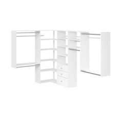 an open white closet with shelves and drawers