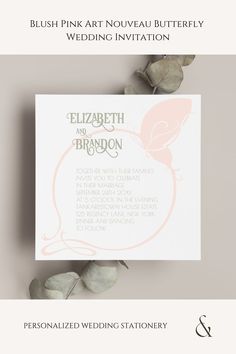 Art Nouveau Vintage Butterfly Blush Pink Wedding Invitation Pink Wedding Invitation, Blush Pink Wedding, Wedding Information