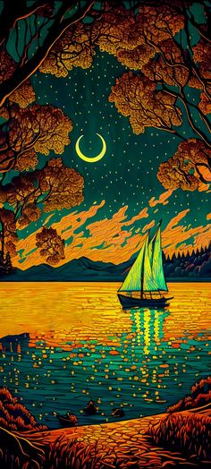 a painting of a sailboat on the water at night