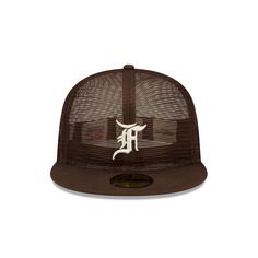 The Fear of God Essential Full Mesh Brown 59FIFTY Fitted Cap features an allover mesh crown with an embroidered Fear of God logo at the front panels, an MLB Batterman logo at the rear, and a green undervisor. Sports Mesh Baseball Cap With Flat Brim, Streetwear Mesh Baseball Cap, Mesh Hats With Embroidered Logo And Curved Brim, Mesh Hat With Embroidered Logo And Curved Brim, Mesh Flat Brim Baseball Cap For Sports, Mesh Hats With Curved Brim And Embroidered Logo, Mesh Snapback Hat For Baseball Season Streetwear, Streetwear Mesh Hat With Curved Brim, Curved Brim Mesh Hat For Streetwear