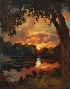 an oil painting of trees and water at sunset