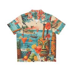 In true Art Boutiki fashion we are rolling our our first ever Aloha shirt just as the summer is ending. Regardless, this is a cool item to have or to give as a gift to the faithful Art Boutiki fan. This full color design was done in-house by design ninjas all our own. Yes, the material is polyester, but as we work our way along the area of garments beyond t-shirts this is what we can produce at an affordable price. This item   S M L XL 2XL 3XL 4XL 5XL Length, in 28.35 29.33 30.31 31.30 32.28 33.27 34.25 35.24 Width, in 20.47 22.44 24.41 26.38 28.35 30.31 32.28 34.25   is printed on demand and shipped from China, so please allow extra time for delivery, roughly two weeks. .: Material: 95% polyester, 5% spandex\n.: Sewn-in label\n.: Medium fabric (7.23 oz/yd²(245 g/mn.: Boxy fit\n.: Chest po Cotton T-shirt With All Over Print For Vacation, Hawaiian Graphic Print Beach Season Shirt, Hawaiian Beach Shirt With Graphic Print, Hawaiian Shirt With Sublimation Print, Hawaiian Camp Shirt With Sublimation Print, Relaxed Fit T-shirt With Camp Collar For Vacation, Hawaiian Shirt With Graphic Print For Vacation, Hawaiian Graphic Print Camp Shirt For Beach Season, Hawaiian Shirt With Sublimation Print For Vacation