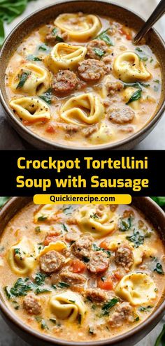 two bowls of tortellini soup with sausage and spinach