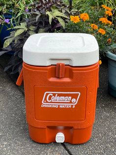 an orange and white cooler sitting next to some flowers