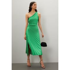 Green pleated (85% Nylon, 15% Metallic). Cocktail dress. Sleeveless. One shoulder. Pull-on closure. 58" from shoulder to hemline. Made in the USA of imported fabric. Spring Midi-length One-shoulder Evening Dress, Spring Evening Midi Dress With Asymmetrical Neckline, Summer Evening Midi One Shoulder Dress, Pleated Sleeveless Maxi Dress For Party, One-shoulder Lined Dress For Night Out, Spring Strapless Dress With Pleated Bodice For Date Night, Sleeveless Midi Dress With Pleated Bodice For Cocktail, Pleated Cocktail Dress With Asymmetrical Neckline, Chic Lined Pleated Dress For Spring