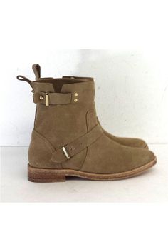 Size 5.5 EU 35.5 Tan Suede Ankle Boots Strap, buckle & stud design Gold-tone hardware Naturally distressed soles Slips on Heel height 1" Total length 7.25" Stud Design, Boot Straps, Buy Shoes Online, Cheap Shoes, Tan Suede, Suede Ankle Boots, Biker Boot, Clothing And Shoes, Heel Height