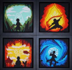 four paintings depicting avatars in different styles and colors, each with their own shadow