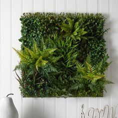 a living room with white walls and green plants on the wall, including an artificial plant