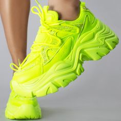 Step Into The Spotlight With These Electrifying Nikki Aeon Flow Rhinestone Neon Yellow Platform Sneakers From Berness. These Radiant Rave Platform Sneakers Features A Bold Neon Yellow Colored Nylon Mesh And Vegan Leather Upper, Rhinestone Detailing On The Sides, Lace Up Closure, Chunky Rubber Platform Sole. This Super Lightweight Rave Platform Sneakers Will Elevate You On Every Stride. Nikki Aeon Flow Rhinestone Neon Yellow Platform Sneakers Nylon Mesh & Vegan Leather Upper Rhinestone Accents Su Neon Yellow Shoes, Peach Shoes, Neon Shoes, Glitter Fashion, Sam Edelman Sandals, Stylish Footwear, Womens Golf Shoes, Yellow Shoes, Studded Sandals