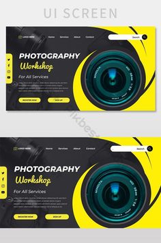 two horizontal banners for photography with yellow and black colors, one has a camera on it