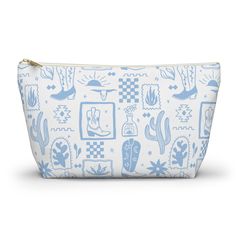 Really nice, Boho-Western print makeup bag in blue & white. This bag is perfect for a western-boho aesthetic. Great gift for a Cowgirl , or Western Enthusiast. This is such a cute makeup/accessories/toiletry bag & would make a great Bridesmaid gift or a Surprise for your favorite Chicken Mom. This Chicken makeup bag comes in several colors, let me know if you would like it in a color not listed.  These t- bottom bags vary from small to large and can be used for pretty much anything. They make excellent pencil cases and cosmetic travel bags. They are constructed from a durable material with a zipper closure. .: 100% Polyester .: With non-woven laminate inside-easy to clean  .: Multiple sizes Chicken Makeup, Western Makeup Organizer, Cute Western Purses, Western Jewelry Case, Western Makeup Bag, Cowgirl Makeup, Western Style Crossbody Bags For Western-themed Events, Bachelorette Party Gift Bag, Western Bachelorette