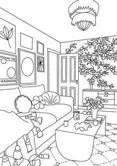 a black and white drawing of a living room with couches, coffee table and potted plant