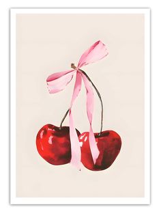 two cherries with pink ribbon tied to them on a white background, against a neutral backdrop