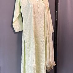 Brand New, Light Green Salwar Kameez With Soft And Light Dupatta. Perfect For Summer Events. Traditional Pista Green Palazzo Set For Spring, Spring Pista Green Traditional Wear With Cutdana, Pista Green Resham Embroidered Kurta For Spring, Pista Green Kurta With Resham Embroidery For Spring, Spring Pista Green Kurta With Resham Embroidery, Embroidered Mulmul Palazzo Set In Pista Green, Traditional Pista Green Sharara For Spring, Spring Designer Traditional Wear In Pista Green, Spring Cutdana Sets Diy