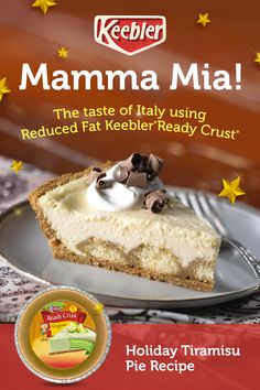 a piece of cheesecake on a plate with the words mamma mia above it