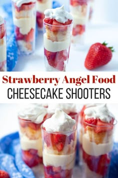 strawberry angel food cheesecake shooters on a blue plate with strawberries and whipped cream