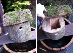 two pictures of a birdhouse with moss growing on it