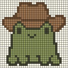 a pixellated image of a person with a hat on their head, wearing a green dress